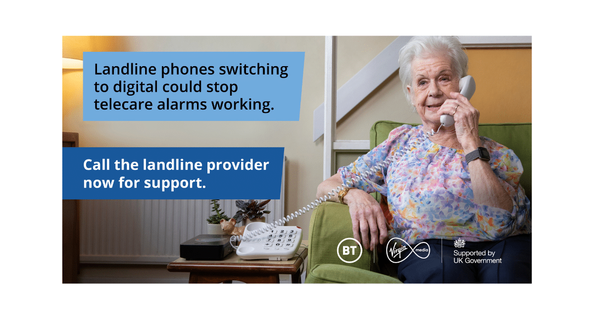 Elderly woman on phone wearing pendant